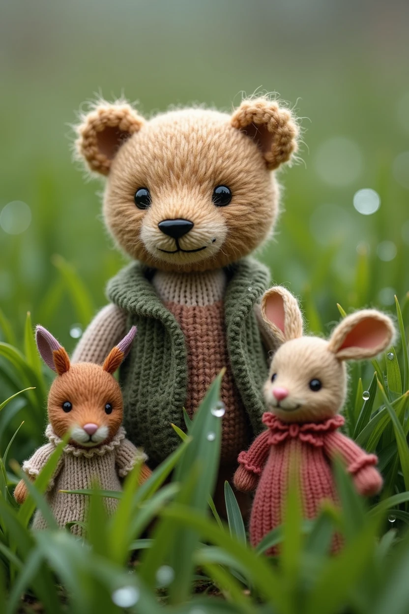 Knitted teddy bear, small anthropomorphic animals, Wearing a hat,Wearing antique clothes from the 17th century, Macro photography in dense grass, Dewdrops reflect the environment, Super detailed toys, You can see every fiber of wool on the toy, You can see every shrvcik on the clothes, Dragging everything, adorable animal, Cute toys,