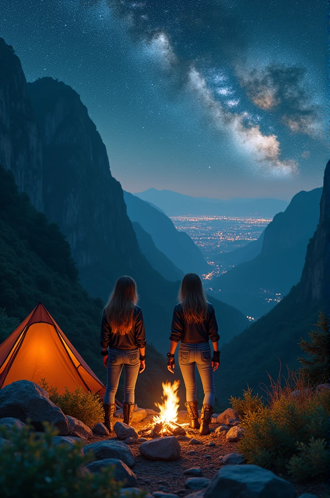 2 girls, wearing rock clothes, camping on a mountain, a dark city behind them, and a starry sky, 4k hd