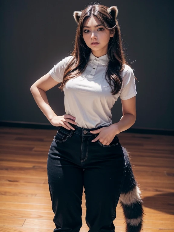 ((Highest quality, 8k)), ((masterpiece)), (Highest Resolution), Perfect Face, Raccoon-eared woman, Female college student, Beautiful woman, public, One tail, she has thick thighs, Big raccoon tail, She has a brown raccoon tail, She wags her tail, Troubled face, Fur collar, She is wearing business pants, Beautiful Hips , The raccoon tail sticks out of her panty
