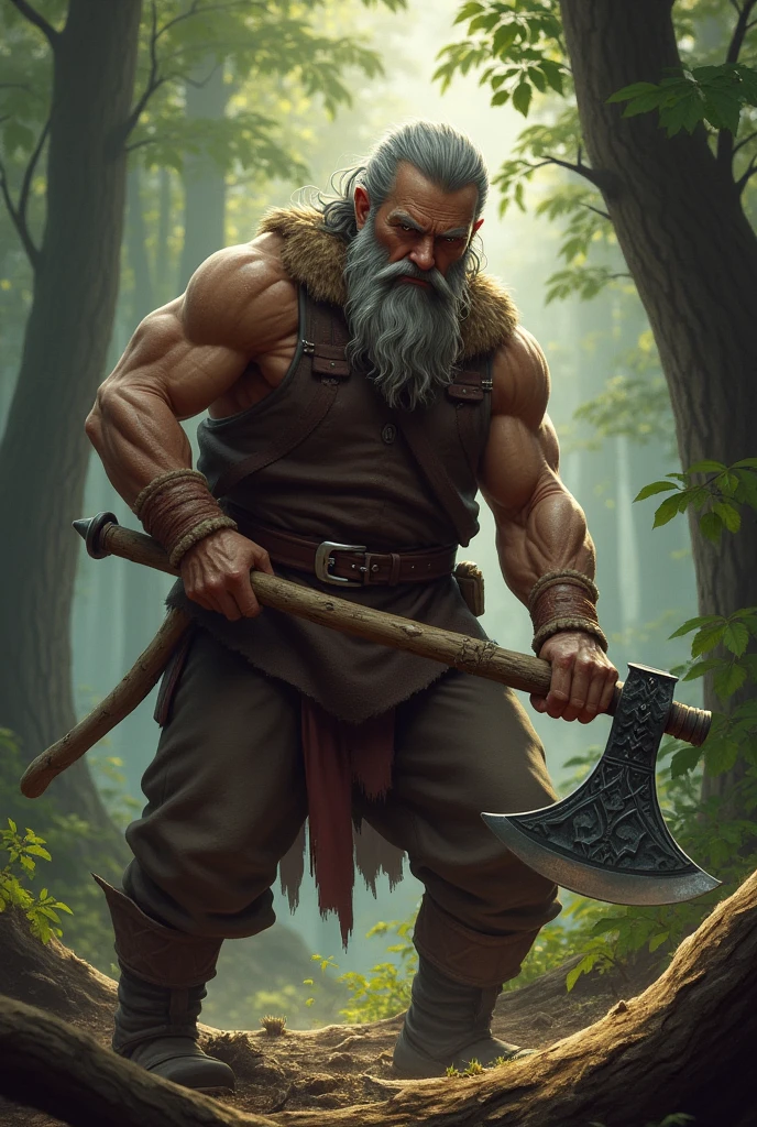 ((realistic: 1.5)),((best quality)), ((masterpiece)),((detailed)), giant, bearded, green beard, bald, larger than trees, holding an axe, warrior's clothing, forest, night, full body