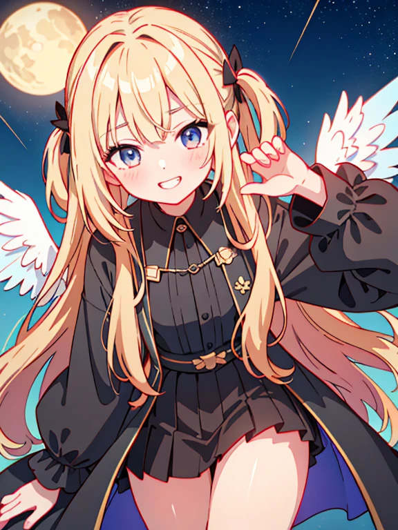 Highest quality、Ultra-high resolution、Highly detailed face、Eye highlights、Anatomically correct and accurate depiction of the human body、A girl , still with a touch of childishness、Long wavy blonde hair、Black Robe、Jet-black wings、Starry Sky、Grin、Cowboy Shot