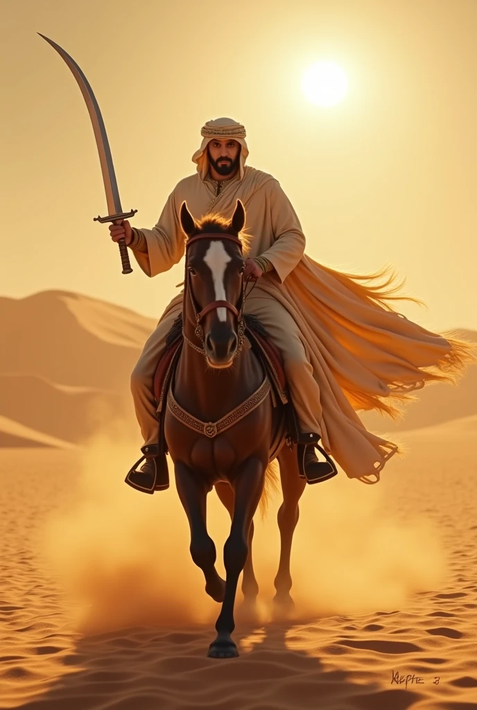 "An Arab man dressed in traditional desert attire, riding a powerful horse through the sweeping dunes of a vast desert. He holds a curved sword high, its blade gleaming as it catches the intense sunlight. The man’s robes billow in the wind as the horse gallops across the golden sands, kicking up a trail of dust. His face is determined, eyes focused on the horizon. The sun hangs low in the sky, casting dramatic shadows and illuminating the shimmering blade. The scene captures a sense of strength, valor, and the timeless spirit of the desert."
