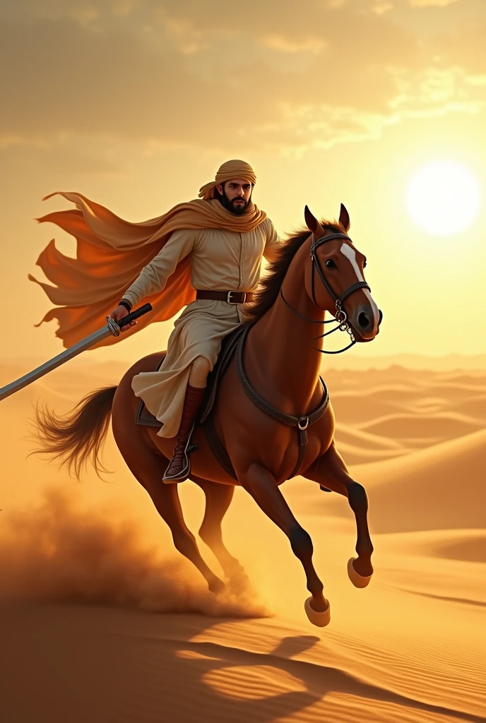 "An Arab man dressed in traditional desert attire, riding a powerful horse through the sweeping dunes of a vast desert. He holds a curved sword high, its blade gleaming as it catches the intense sunlight. The man’s robes billow in the wind as the horse gallops across the golden sands, kicking up a trail of dust. His face is determined, eyes focused on the horizon. The sun hangs low in the sky, casting dramatic shadows and illuminating the shimmering blade. The scene captures a sense of strength, valor, and the timeless spirit of the desert."