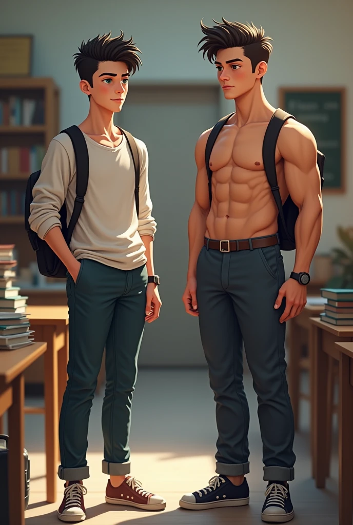 make a student boy, 1 skinny body and 1 muscle body and handsome