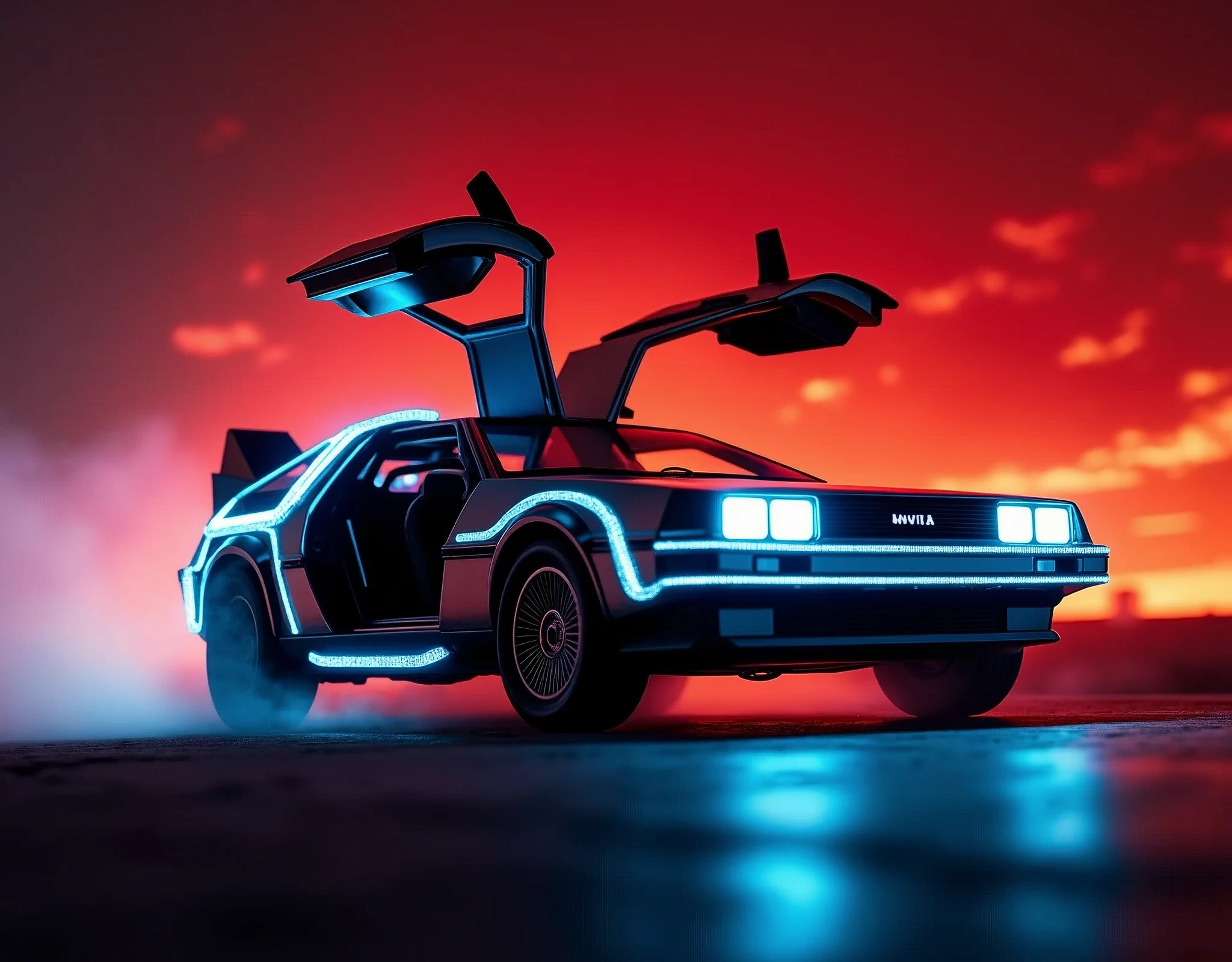 Delorean\(back to the future\(movie\),((glowing blue)),realistic texture\), at night, (beautiful red (fire:1.5) behind Delorean's wheel), ((shallow depth-of-field)), (bokeh), (lens flare), sharp focus,,(dynamic angle:1.5),award winning photo, beautiful photo, very exciting racing photo,beautiful background