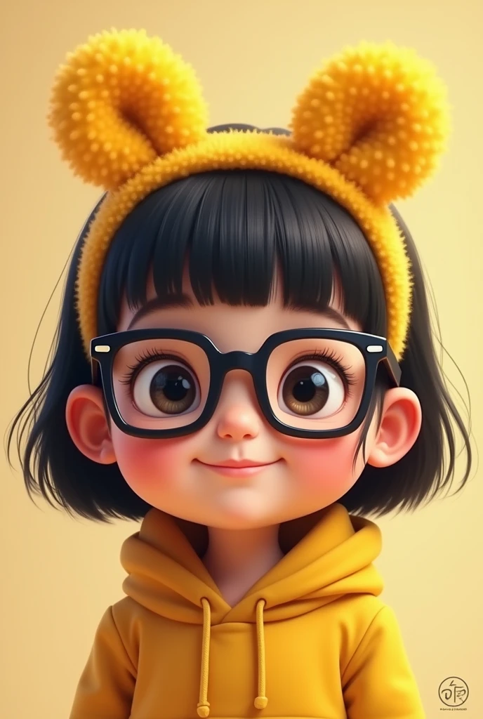 A child with square black glasses, intelligent, black straight long hair, big chubby face with yellow bear ear headband, wearing a lab coat, brunette
