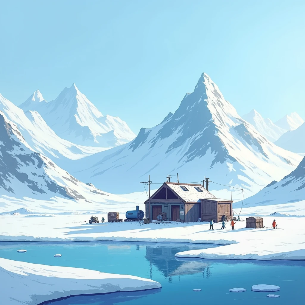 
(best quality, 8K, high resolution, masterpiece), ultra detailed, oil painting, a secluded base camp nestled in the icy expanse of the Arctic, surrounded by snow-covered peaks and frozen waters, the crisp, cold atmosphere rendered with cool blues and whites.