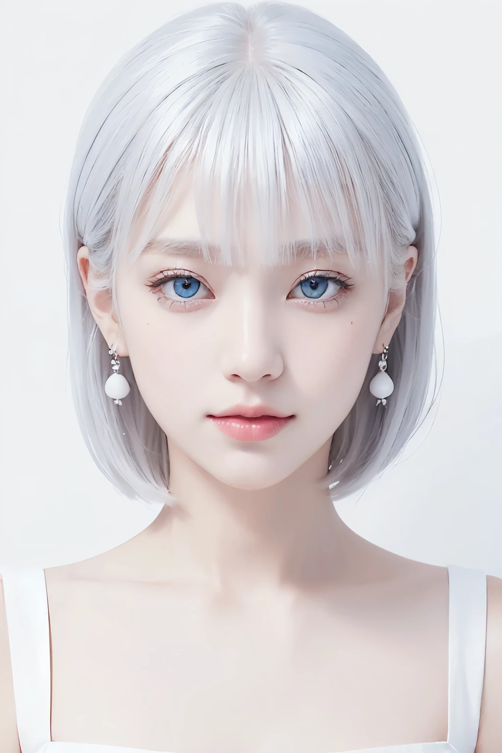 (((White Background:1.3)))、Albino women、Beautiful Face、Eyes are light blue、Almost white lips、A Little Smile、Short-cut hair with gray hair、White Dress、White or transparent accessories、(Attention to detail of the skin: 1.2)、Background Blur, Beautiful fade out、White world、White Background、