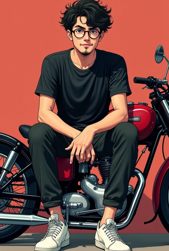 A rs old with beared and mustache, textured corp hair, a round shaped glass, light dark shin, black Gojo Satoru T-shirt, with cargo pant and white sneakers, smiling with attitude, sitting on a continental gt 650