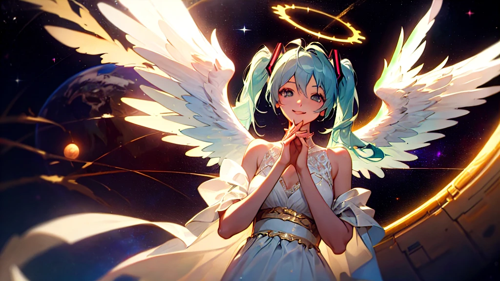 Masterpiece, Highest quality,best detail, big hatsune miku,smile, White gown, Angel, Angel wings, Golden halo, Upper Body,Small Earth,embrace the earth with both hands, Looking at the Earth, Space Background