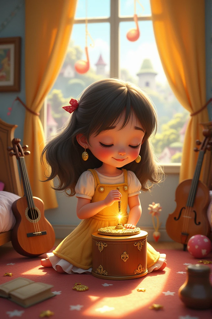 Once upon a time, in the enchanted town of Melodyville, there lived a  named Mia. She loved music more than anything in the world. Her room was filled with instruments—guitars, drums, flutes, and even a tiny piano. But her favorite instrument of all was a small, golden music box her grandmother had given her. Whenever Mia opened the box, it played a beautiful, mysterious tune that filled her heart with joy.