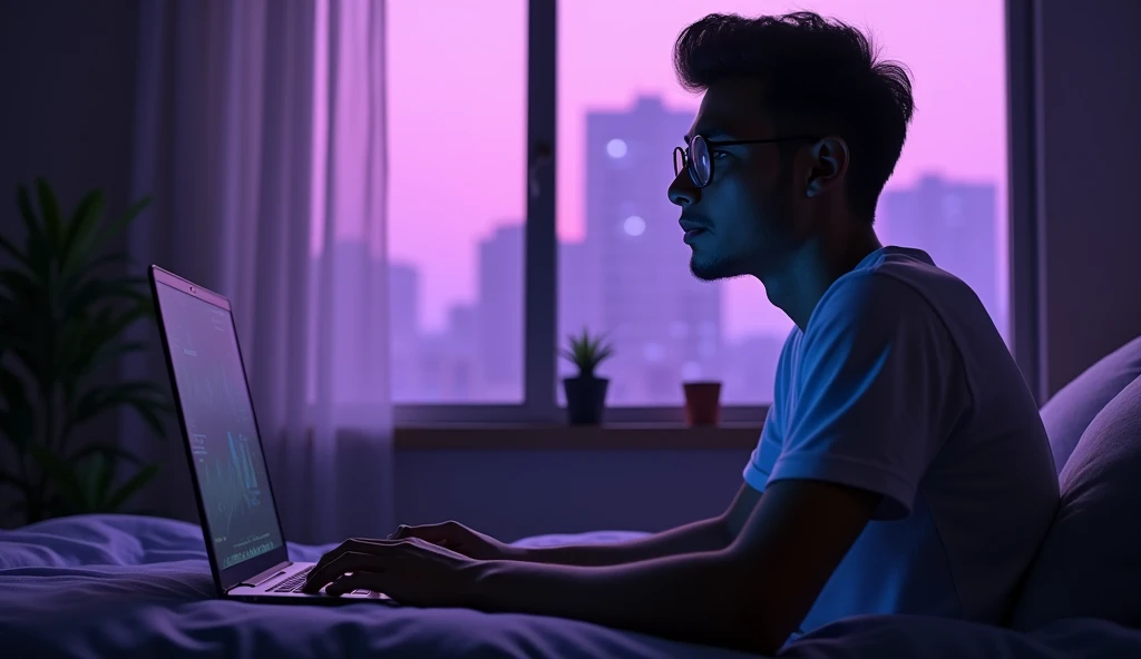 an adult boy, side view, with glasses, with full sleeve tshirt, study, window, digital light full room, sit, attitudes, looking outside, 5 feet 6 inches height, medium height, night, attitude, bed, Dhaka area, blur and purple colour lighting room setup, gaming room setup, studying, brightness room, thinking mood, hardworking, young boy, businessman looks, businessman attitude, Bangladeshi area, Dhaka City area, stylish, 4k pixels, Bangladeshi buildings, body fits,