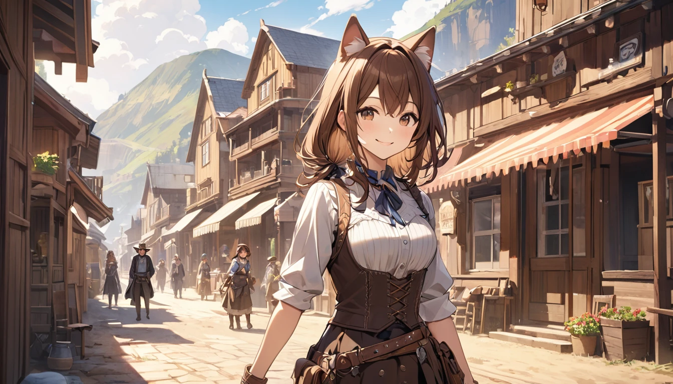 Highest quality,Cat ear,Western,Brown Hair,smile,Westernの街,outside