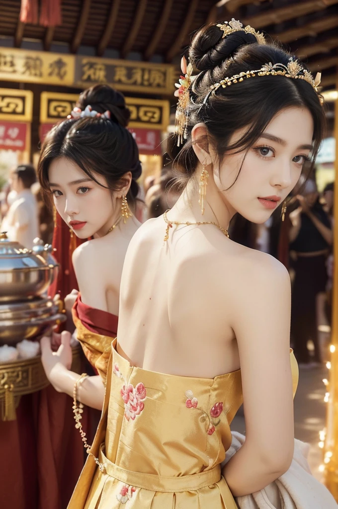 (((best quality))),(((ultra detailed))),(((masterpiece))),illustration,
((1 beautiful young girl,solo)),(bun hair:1.2)((slim,thin)),((small breasts,flat chest)),attractive, traditional Chinese attire,(Gorgeous and intricate headdress:1.3),((earrings,intricate necklace)),(strapless Exquisite embroidered maxi sleeveless sparkled dress:1.3),(standing:1.3),vibrant patterns, radiant complexion, joyful expression,(temple fair:1.3), bustling atmosphere, summer afternoon, sunny weather, cultural festival, street food, roasted skewers, steaming dumplings, sweet cotton candy, stalls, crafts, clothing, appreciative onlookers, sunset, ancient tradition, modern beauty, captivating scene, enchanting,(day scene:1.2),(surrounded by crowded crowds:1.3),((from back,upper body))