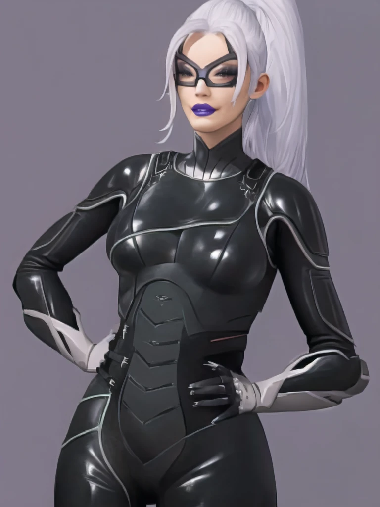 Bowei, feliciacat, 1girl, upper body, bodysuit, detail eyes, mask , solo, long hair, lips, white hair, ponytail, black bodysuit , looking at viewer, simple background, gloves, black background, mole under mouth, eyeshadow, hands on hips, black bodysuit,leather, latex, purple lips, 8k detailed,