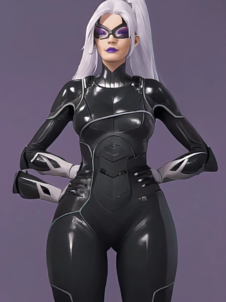 Bowei, feliciacat, 1girl, upper body, bodysuit, detail eyes, mask , solo, long hair, lips, white hair, ponytail, black bodysuit , looking at viewer, simple background, gloves, black background, mole under mouth, eyeshadow, hands on hips, black bodysuit,leather, latex, purple lips, 8k detailed,