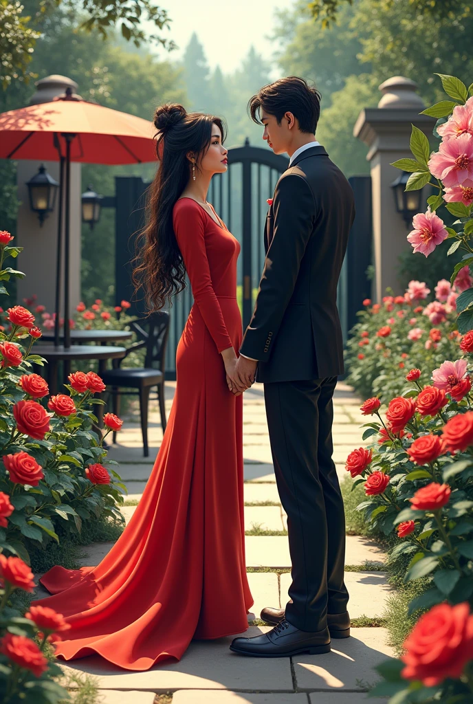 A garden full of roses, orchids, different varieties of flower in which one fair skin colour female with long red colour frock suit with long sleeve and gown touching her feet and dark brown hair messy bun and blue colour specs is talking with one male wearing black suit but their face is not visible. They are facing the bunch of red rose plant and standing a bit far from each other. Beside them there is a table with chair and umbrella. Behind them there is beautiful modern house with luxury back gate and black colour bunglow