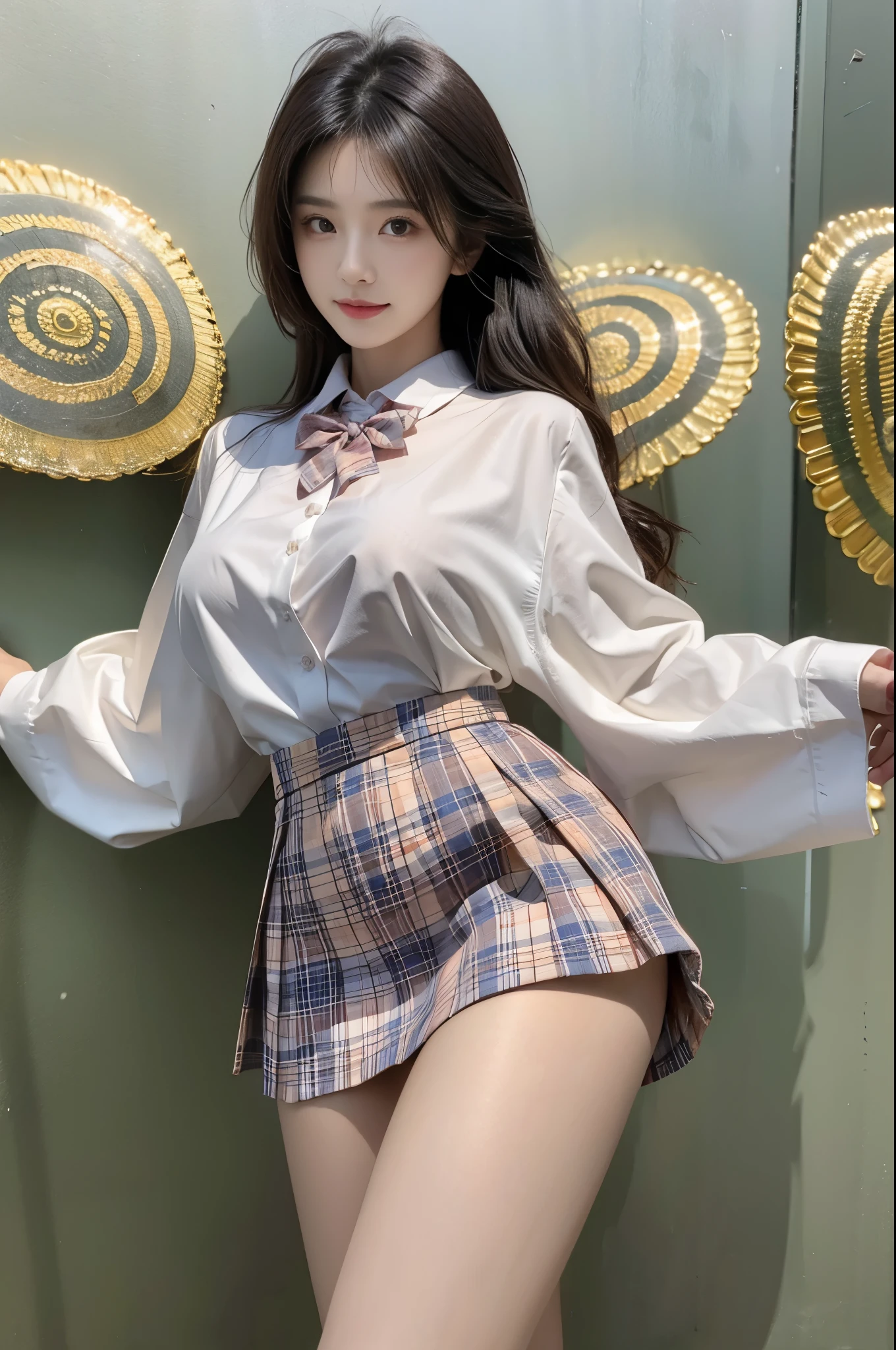 jk suit
plaid skirt
pleated skirt
shirt
bowtie (best quality, masterpiece:1.2), tianfeng1, Extremely detailed, (Practical:1.37), beautiful, youth, Charming female model, sweet smile, Sweetheart girl, Warm colors, ((Full body view，Skin is firm and smooth)), ((Random scenes，Random shooting angles)), ((Elegant and natural gesture)), (big eyes, Exquisite eyes, Delicate lips, Exquisite eyes), Available in white and floral pattern, Show a bright smile, fit, Full breasts, ((Large Breasts)), Long legs, Create a stunning photo of a girl