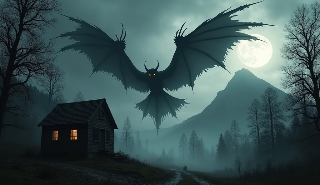 93267Imagine a gothic cinematic scene, bathed in raw shades of gray. In the foreground, a small, weathered wooden house stands with windows that seem to watch the surroundings. The house is perched at the edge of a dense forest, where tall, twisted trees cast menacing shadows. In the background, a towering dark mountain rises, partially shrouded in thick mist. Dominating the stormy sky is a terrifying winged creature, with enormous, jagged wings that blot out the moonlight. Its eyes glow with an eerie light, and its razor-sharp claws extend menacingly. The creature’s grotesque form hovers ominously above the treetops, exuding an aura of pure malice, as it casts a monstrous shadow over the trembling house. The atmosphere is thick with tension, mystery, and a visceral fear that grips the soul.
