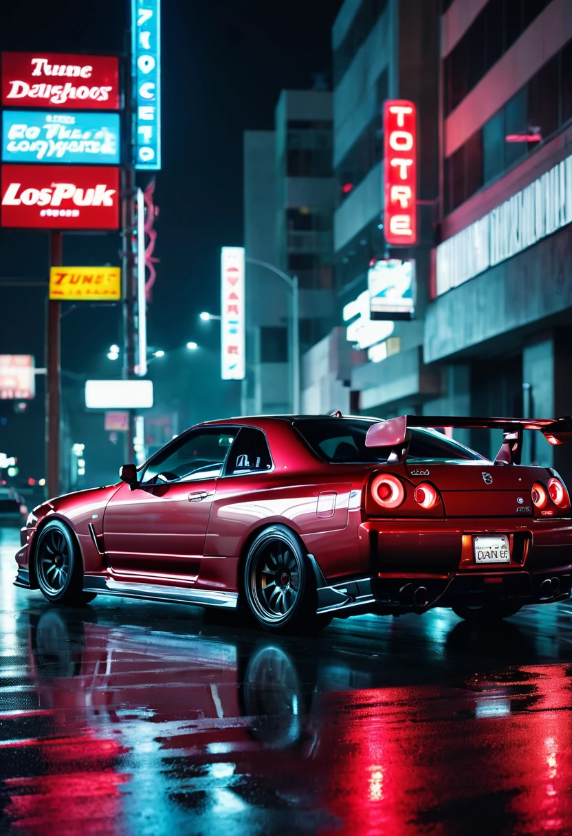 NISMO R34GT-R Z-tune, running on the roads of Los Angeles at night, highly detailed, ultra-realistic, 8K, photorealistic, studio lighting, professional photography, dramatic lighting, moody atmosphere, cinematic, neon lights, dynamic angle, motion blur, sleek design, sports car, glowing taillights, wet asphalt, skyscrapers in the background, cool color palette, neon signs
