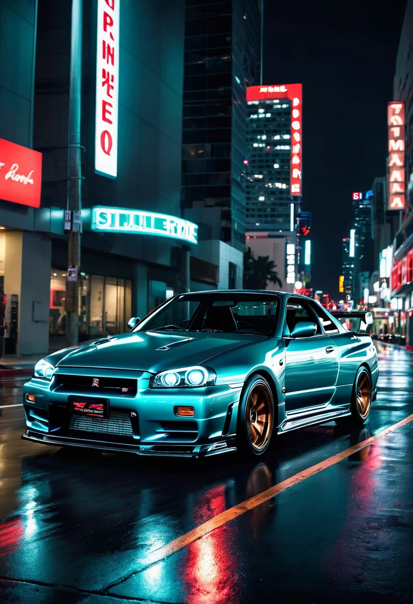 NISMO R34GT-R Z-tune, running on the roads of Los Angeles at night, highly detailed, ultra-realistic, 8K, photorealistic, studio lighting, professional photography, dramatic lighting, moody atmosphere, cinematic, neon lights, dynamic angle, motion blur, sleek design, sports car, glowing taillights, wet asphalt, skyscrapers in the background, cool color palette, neon signs