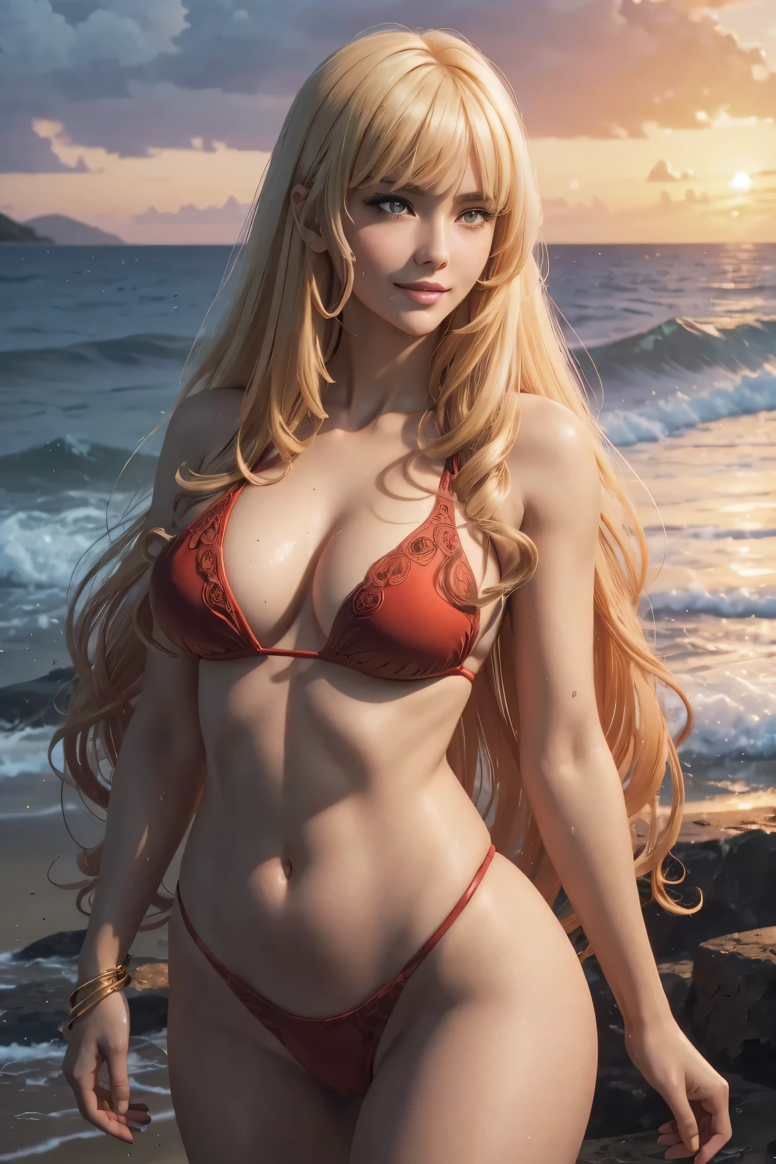 I want to be a powerful figure behind the scenes！,rose oriana,blonde,long hair,Curly Hair,Beautifully arranged bangs,Hide eyebrows with bangs,Beautiful golden eyes,Beautiful white skin,Photorealistic,Ultra HD,high quality,masterpiece,Digital SLR,Detailed details,Intricate details,Anatomical basis,Depicted in detail,A detailed face,Realistic skin texture,Vivid details,Perfect Anatomy,Perfect Anatomy,Anatomically correct hand,Anatomically correct fingers,Super Detail,Complex 3D rendering,Sexy pose,Red swimsuit,Wet,Beautiful sunset,Beach with beautiful sunset,Fantasy worldview,Picturesque,Pink Lips,smile,