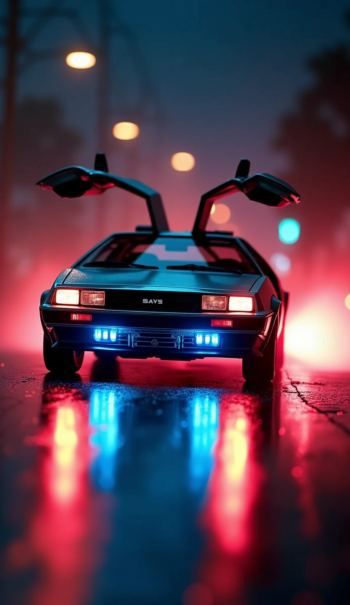 Delorean\(back to the future\(movie\),((glowing blue)),beautiful texture\), at night, (beautiful (red fire:1.5) from the wheel track behind Delorean), ((shallow depth-of-field)), (bokeh), (lens flare), sharp focus,,(dynamic angle:1.5),award winning photo, beautiful photo, very exciting racing photo,beautiful background,from front,close door