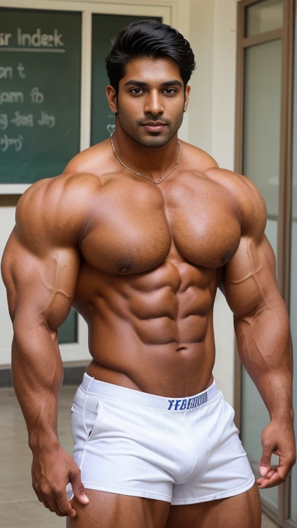 Handsome young indian in school uniform masculine strong bodybuilder boy with huge wide muscular shoulders, wide chest, abs, masculine wide triceps, arms, biceps, big masculine legs, wide thighs, calfs, black-haired, hair falls on your face, Mesmerizing brown eyes