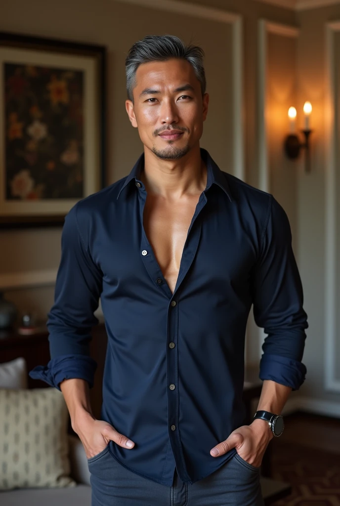 Nude,big dick,Gentleman asian ,tight chest muscles, super tight shirt, super tight pants, bulging crotch,(Best Quality,master piece,High resolution,Photorealsitic,Raw photo:1.3),upperbody shot,(Solo),(Man:1.2),Look at the viewer,(Gray hair mixed:1.2),(Navy Blue Collar Shirt),(extra short hair:1.2),(Asian,modeled:1.3),(Handsome:1.2),35 years old,In a luxury hotel room in Europe