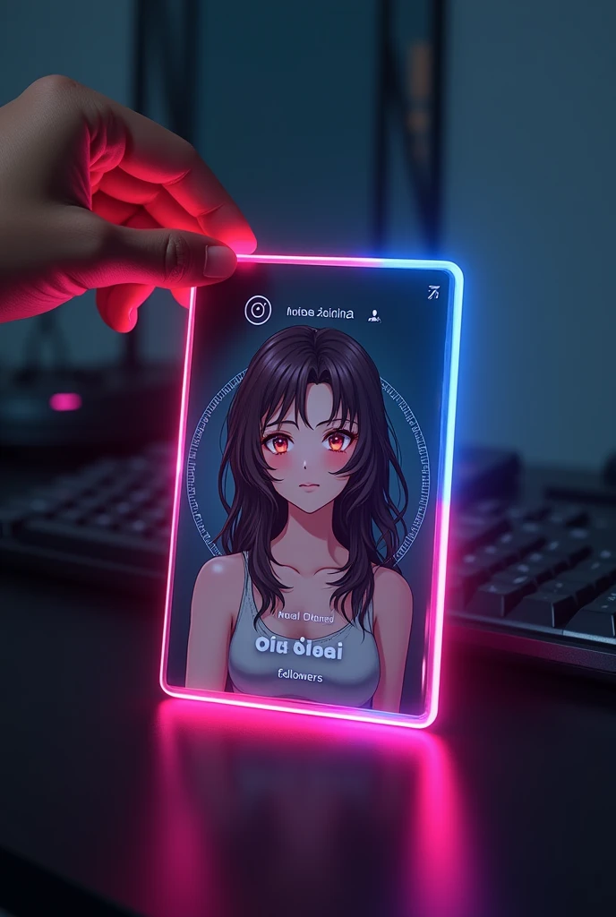Create a Instagram profile on glass I'd card on a black desk displaying Instagram logo and realistic photo of a adult anime girl in circle and " Neha Sonal " is written in bold fonts under the profile photo and 1087 Followers written, the Instagram card glowing in pink and blue colour on the edge , One corner is held with two fingers