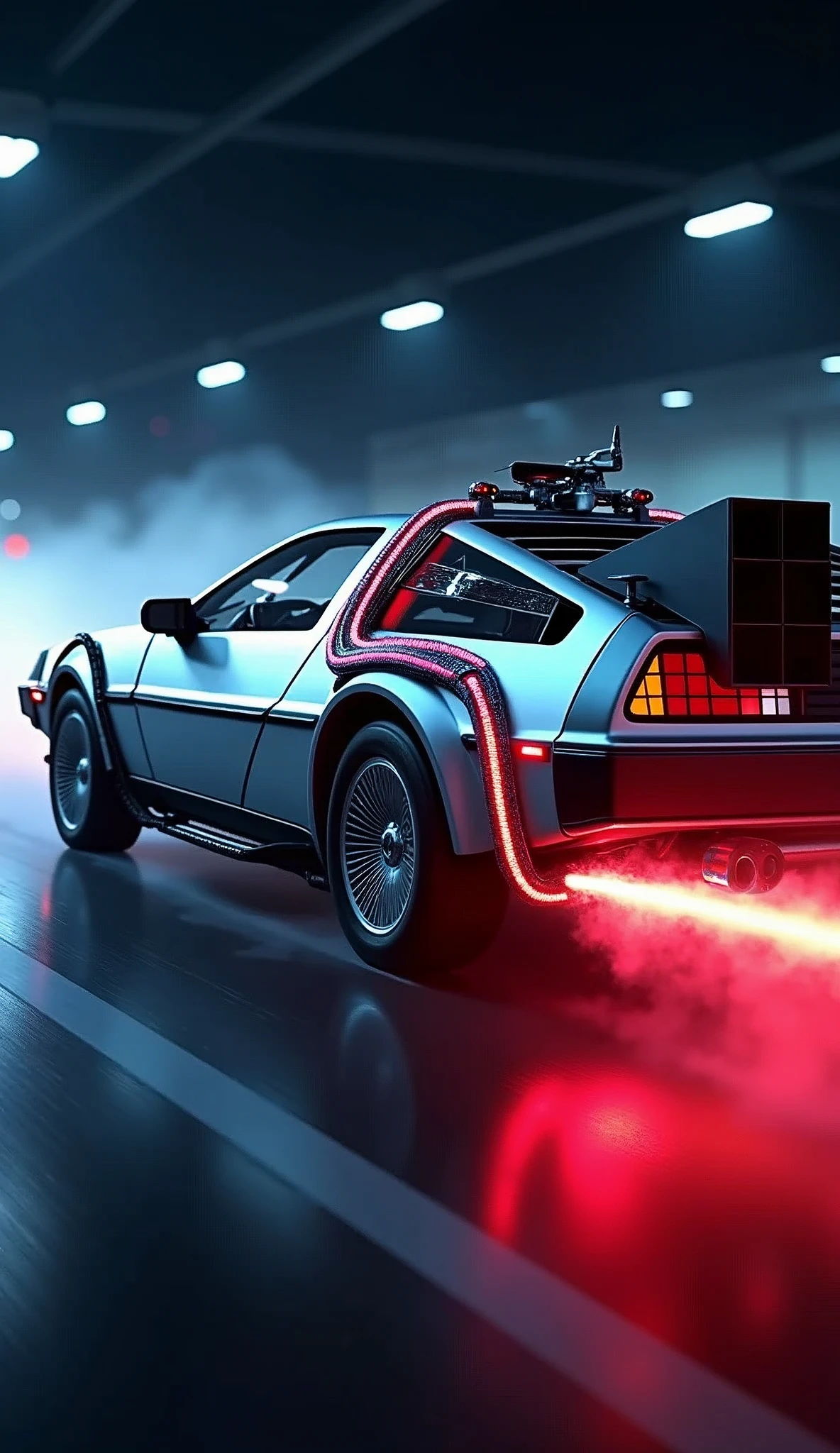 realistic Delorean\(back to the future\(movie\),((glowing blue)),\), at night, (beautiful (red fire:1.4) from the wheel track behind Delorean), ((shallow depth-of-field)), (bokeh), (lens flare), sharp focus,,((dynamic angle)),award winning photo, beautiful photo, very exciting racing photo,beautiful background