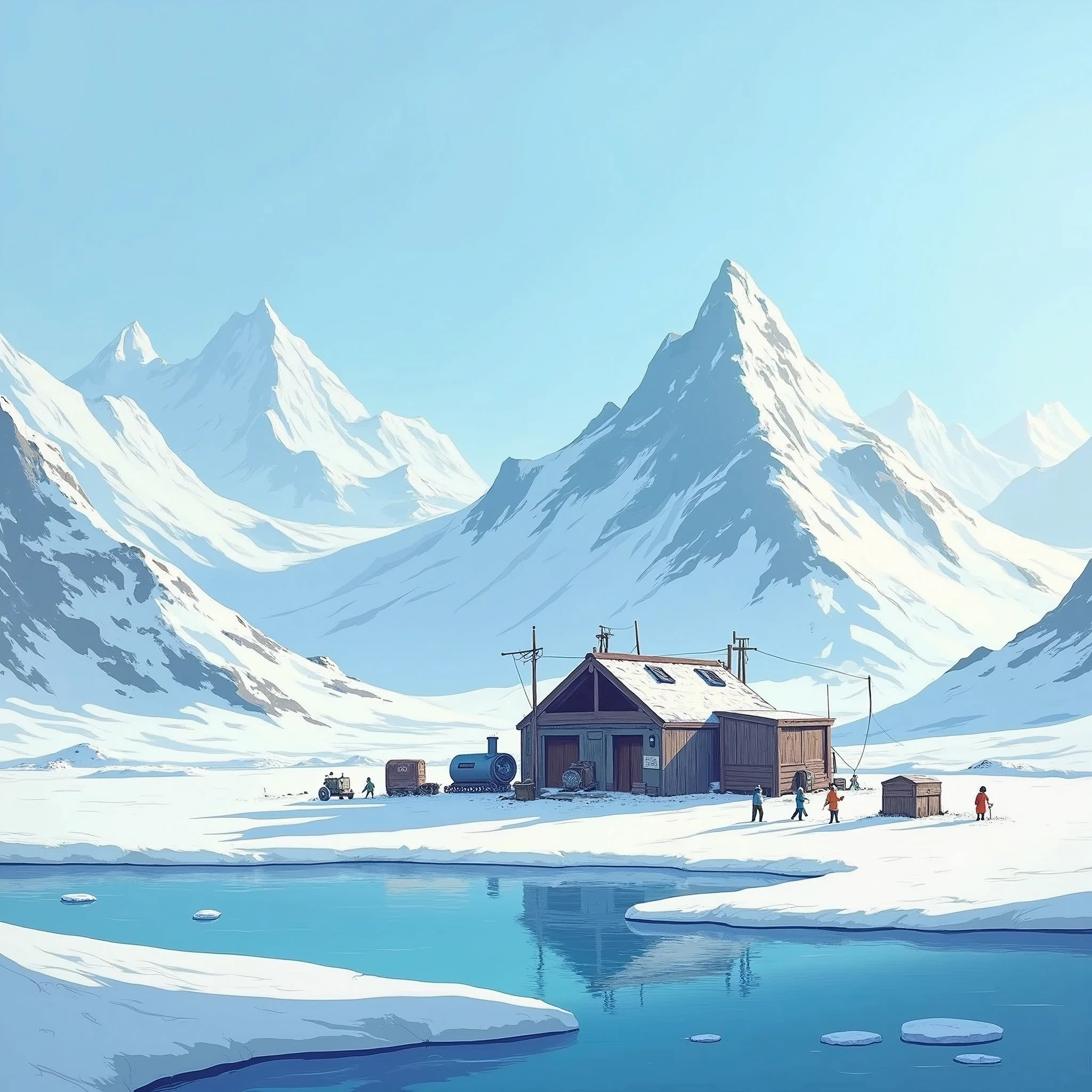 
(best quality, 8K, high resolution, masterpiece), ultra detailed, oil painting, a secluded base camp nestled in the icy expanse of the Arctic, surrounded by snow-covered peaks and frozen waters, the crisp, cold atmosphere rendered with cool blues and whites.