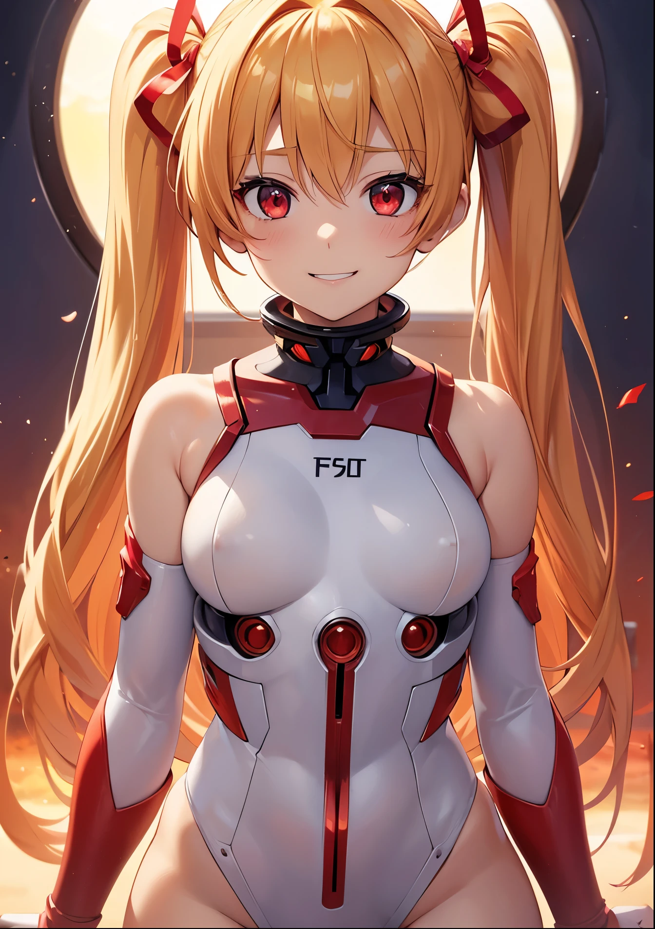 Masterpiece, Hi-Res 1. 4), NSFW, Top Quality, 18C, Illustration, Miniature, One Girl, Idol-Style Anime Character, Plug Suit Like Asuka From Evangelion, Cute Face, Big Mouth, Full Face, Smiling, Lovely face with kind eyes, Bright expression, Beautiful blond hair,. twin-tail, golden hair, short twin with red ribbon, small breasts, high quality, perfect dynamic composition, close-up, beautiful red eyes with details, beautiful blonde twin-tail, short twin, red ribbon, perfect composition, red eyes with details, facing forward, full face plug suit, lighting Sunset, high quality Perfect composition, red eyes in detail, lighting sunset, film lights