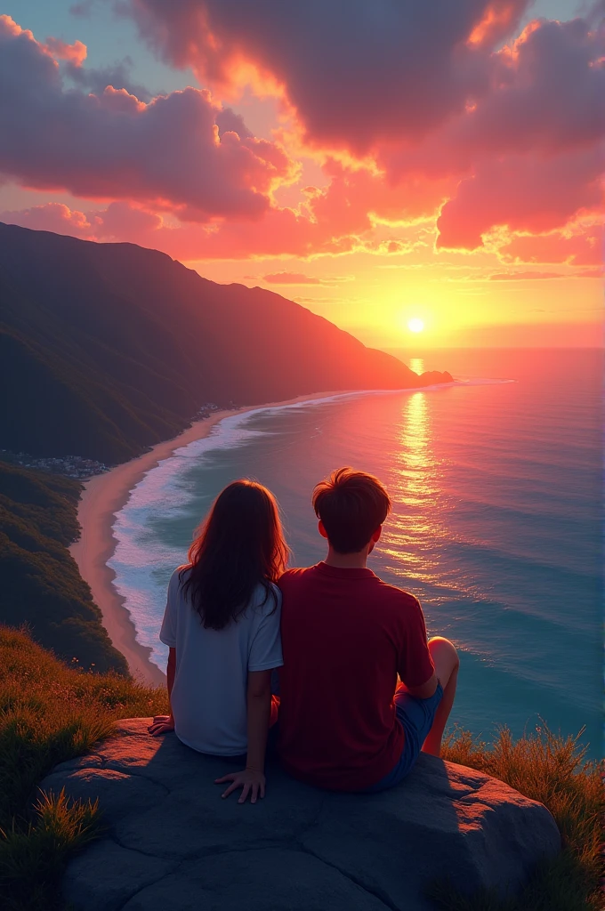 A couple looking at the sunset towards the beach sitting in a mountain