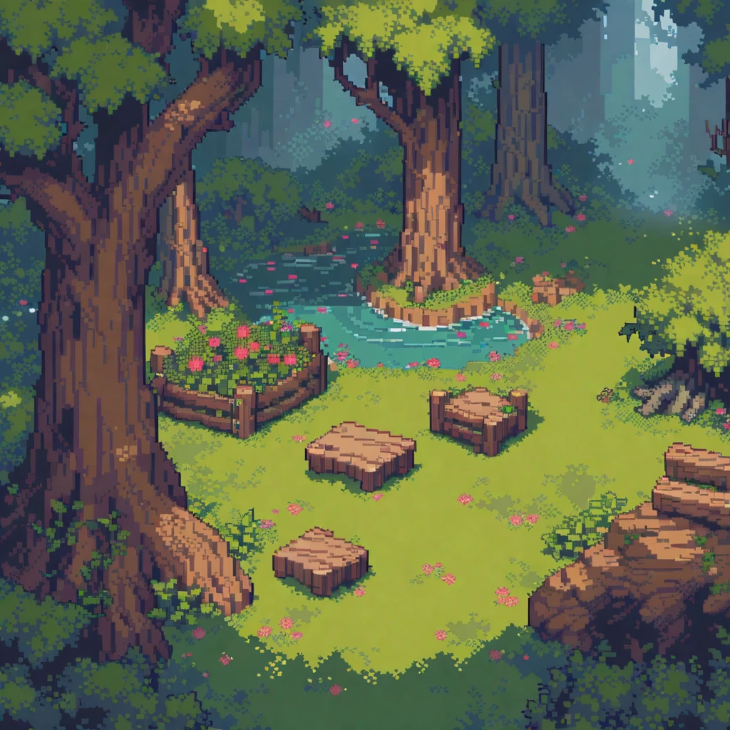 (masterpiece, best quality:1.2), pixel art, forest, garden, wood