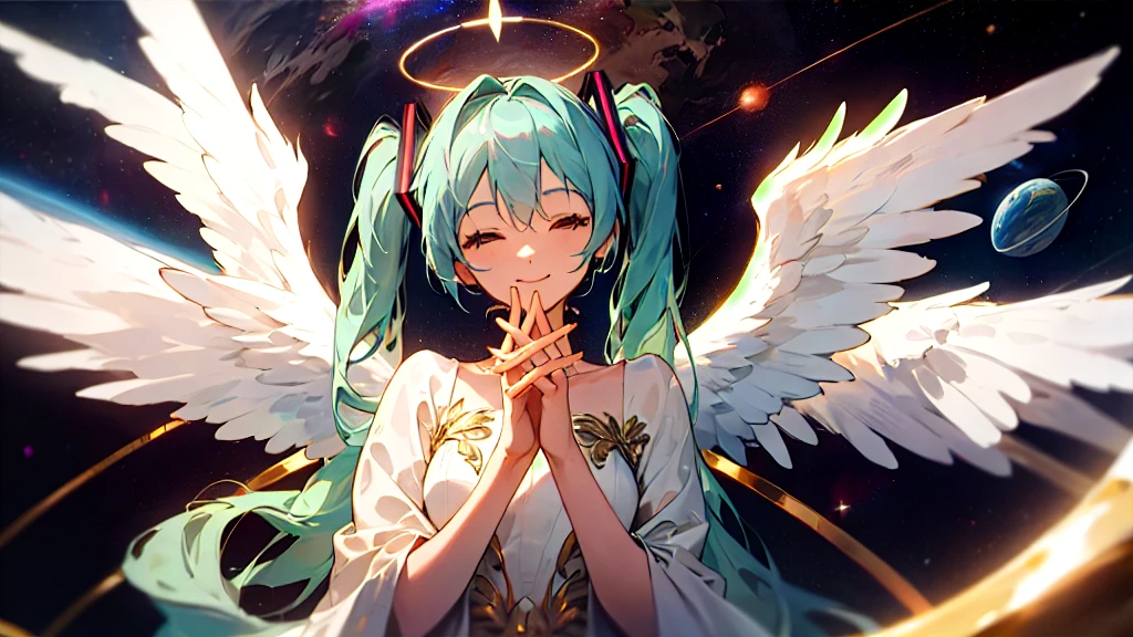 Masterpiece, Highest quality,best detail, big hatsune miku,smile, White gown, Angel, Angel wings, Golden halo, Upper Body,Small Earth,embrace the earth with both hands, Looking at the Earth, Space Background