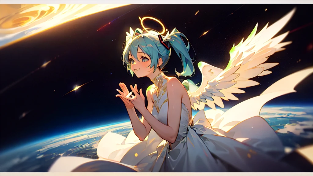 Masterpiece, Highest quality,best detail, big hatsune miku,smile, White gown, Angel, Angel wings, Golden halo, Upper Body,Small Earth,embrace the earth with both hands, Looking at the Earth, Space Background