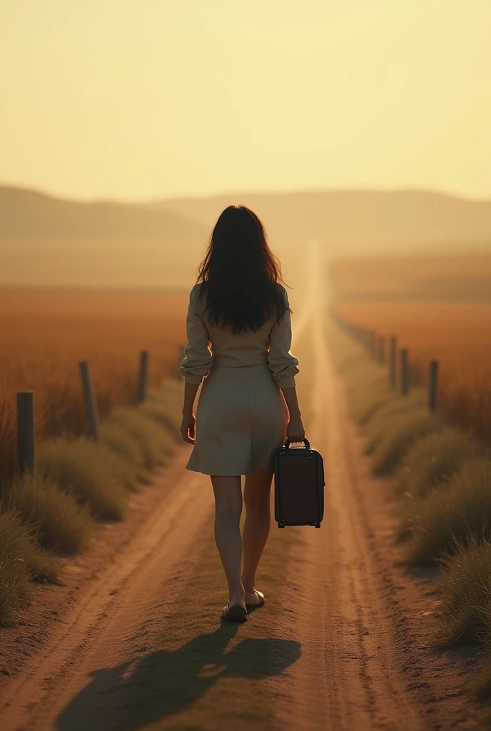 (photorealism:1.2), This image depicts a dark- curve haired woman walking along a dusty path with a suitcase in her hand. The path is surrounded by fields on either side, and the setting is lit by the warm light of the interestingly, this artistic choice creates an interesting and surreal effect, highlighting the anonymity of the subject and perhaps depicting themes of travel, life journey, or personal exploration without revealing her identity.