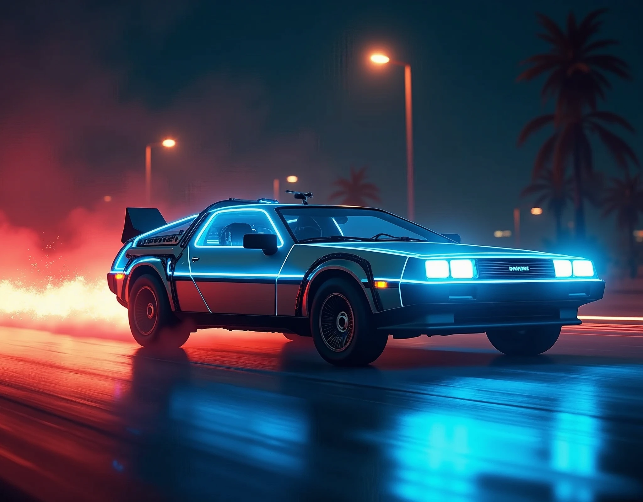 realistic Delorean\(back to the future\(movie\),((glowing blue)),\), at night, (beautiful (red fire:1.4) from the wheel track behind Delorean), ((shallow depth-of-field)), (bokeh), (lens flare), sharp focus,,((dynamic angle)),award winning photo, beautiful photo, very exciting racing photo,beautiful background