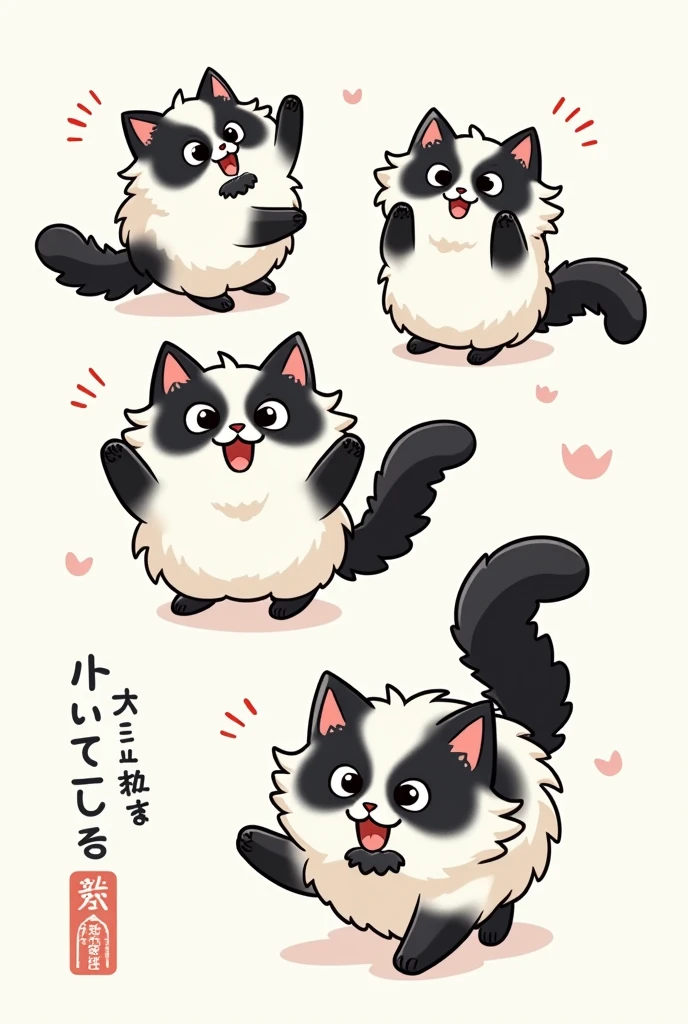 character cartoon Persian cat The cat features black and white fur, a solid black tail, black markings covering the eyes, face, and head, and a distinctive black beard under the chin. The cat has long, fluffy fur, large round eyes, and is shown in various playful poses. The style is minimalistic with clean lines japan stlye,beard black