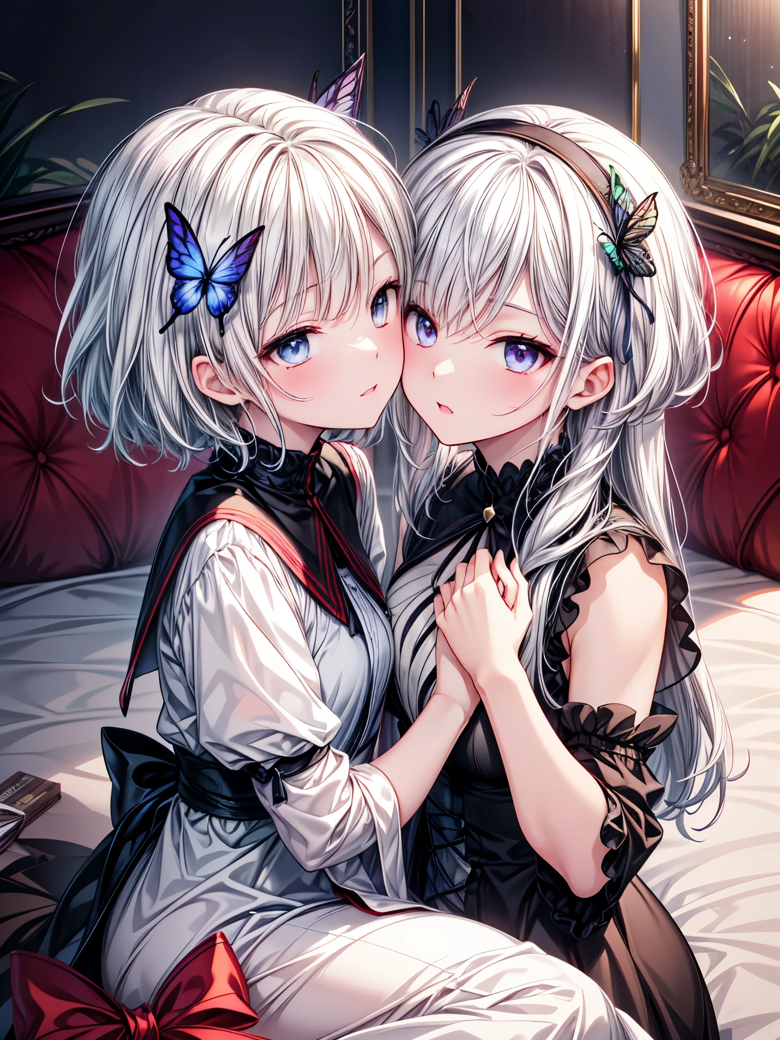 anime couple kissing on bed with butterfly on head, top rated on pixiv, white haired, perfect white haired girl, white-haired, by Shitao, 2b, 2 b, popular on pixiv, seductive anime girl, , kissing together cutely, | fine detail anime, at pixiv, white haired deity, rule 34, ahegao