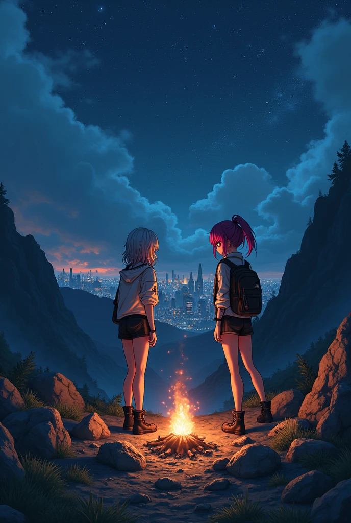 2 girls, wearing rock clothes, camping on a mountain, a dark city behind them, and a starry sky, 4k hd, Anime, post-apocalyptic