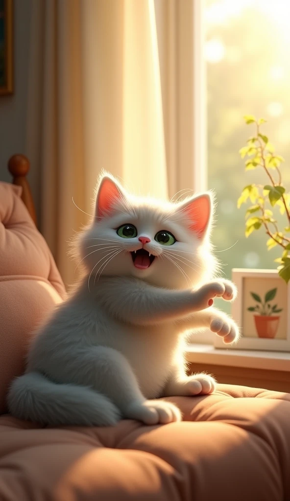 "A cute cat named Whiskers stretching in the morning light."