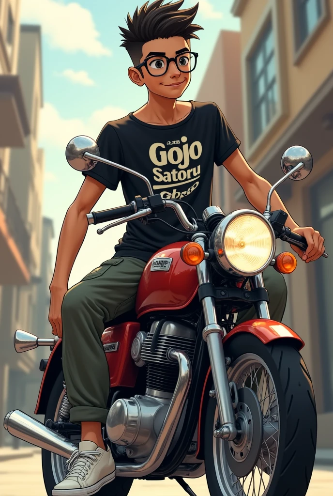 A 16 yrs old boy with beared and mustache, french crop hair, a round shaped glass, brown shin, black Gojo Satoru T-shirt, with cargo pant and white sneakers, smiling with attitude, sitting on a continental gt 650