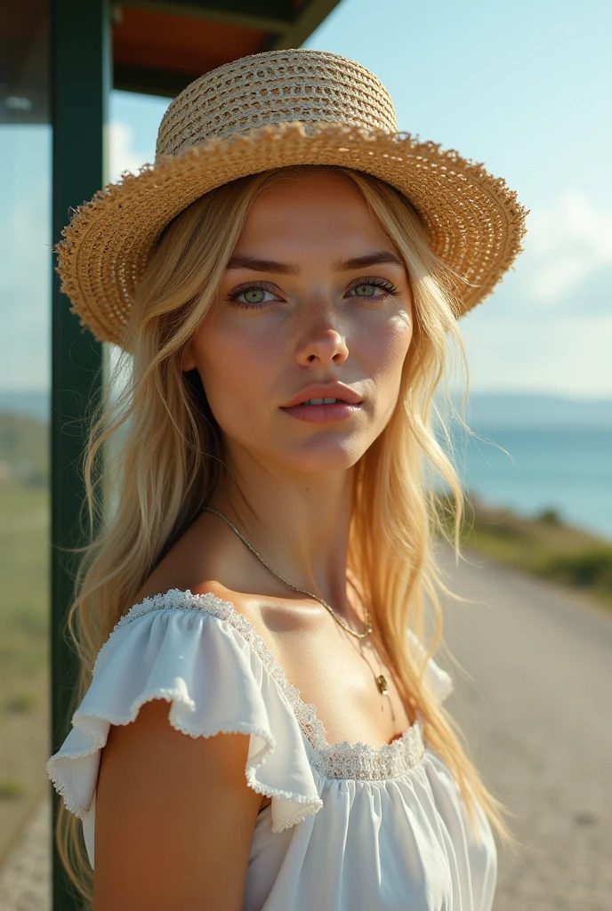 Highest image quality, Outstanding details, Ultra-high resolution, (realism: 1.4), Best example, Attention to detail, Highly concentrated girl, Beautiful and delicate face,Ukrainian beauty with golden facial features.Wearing a white high waist dress, Wear a lace straw hat,Standing in front of the bus stop,Coastal road in the background.
