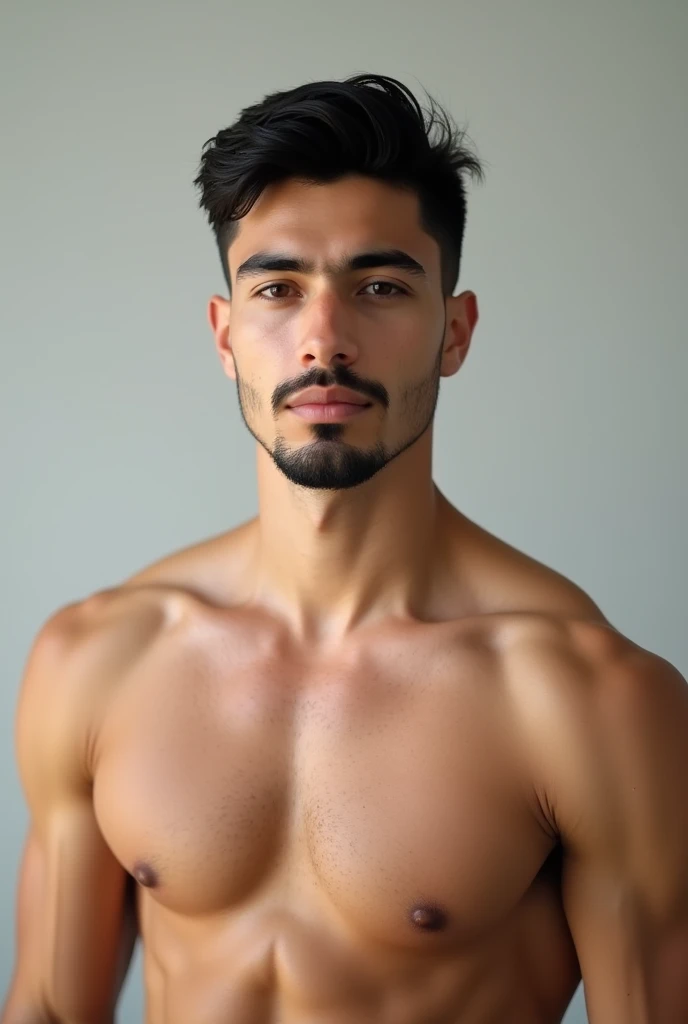 Young man, between 18 and 20 years old, with a goatee, athletic body, black hair, now