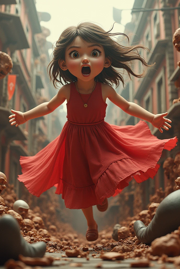  3D image of a girl wearing a red dress, going crazy, eating the house, eating the city, becoming the leader of the country.
There were many people who were afraid.
The father stood and applauded with joy.
wear red clothes