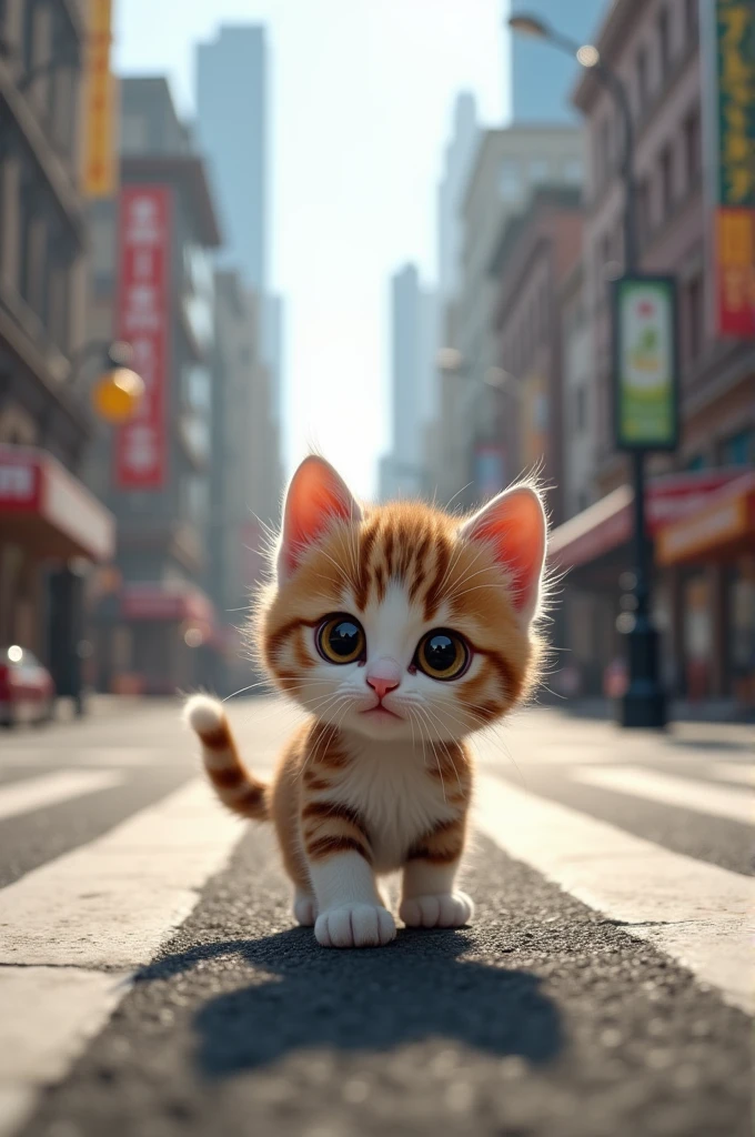 A cat, but a kitten and it's in the middle of the street
