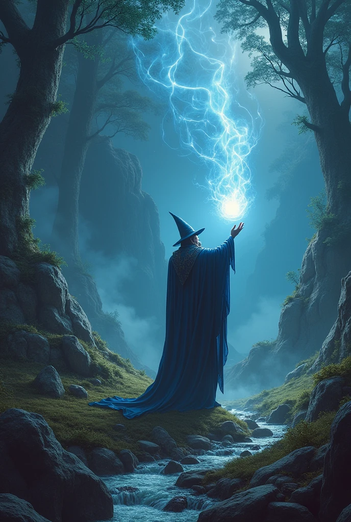 man in black ritual clothing, energy field outside the silver body, green body aura on the chest and blue on the head, fiery aspect in the eyes, Druid
