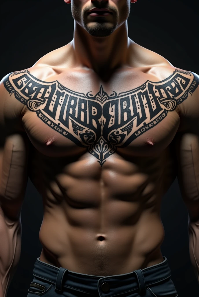 I want you to generate an image of a chest tattoo, that reflects determination and strength, in the style of dark tribal lettering

